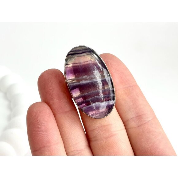 XL Purple Flourite Gemstone Vintage Solitaire Sterling Silver Ring - sz 6 - Picture 4 of 10